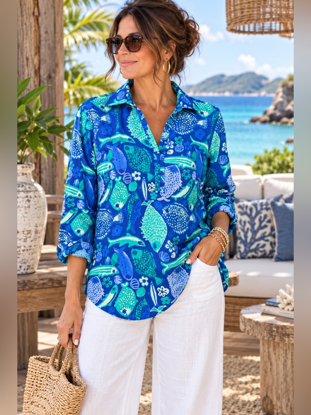 Talbots Blue Green Fish Print Popover Blouse Coastal Nautical Resort Top Large